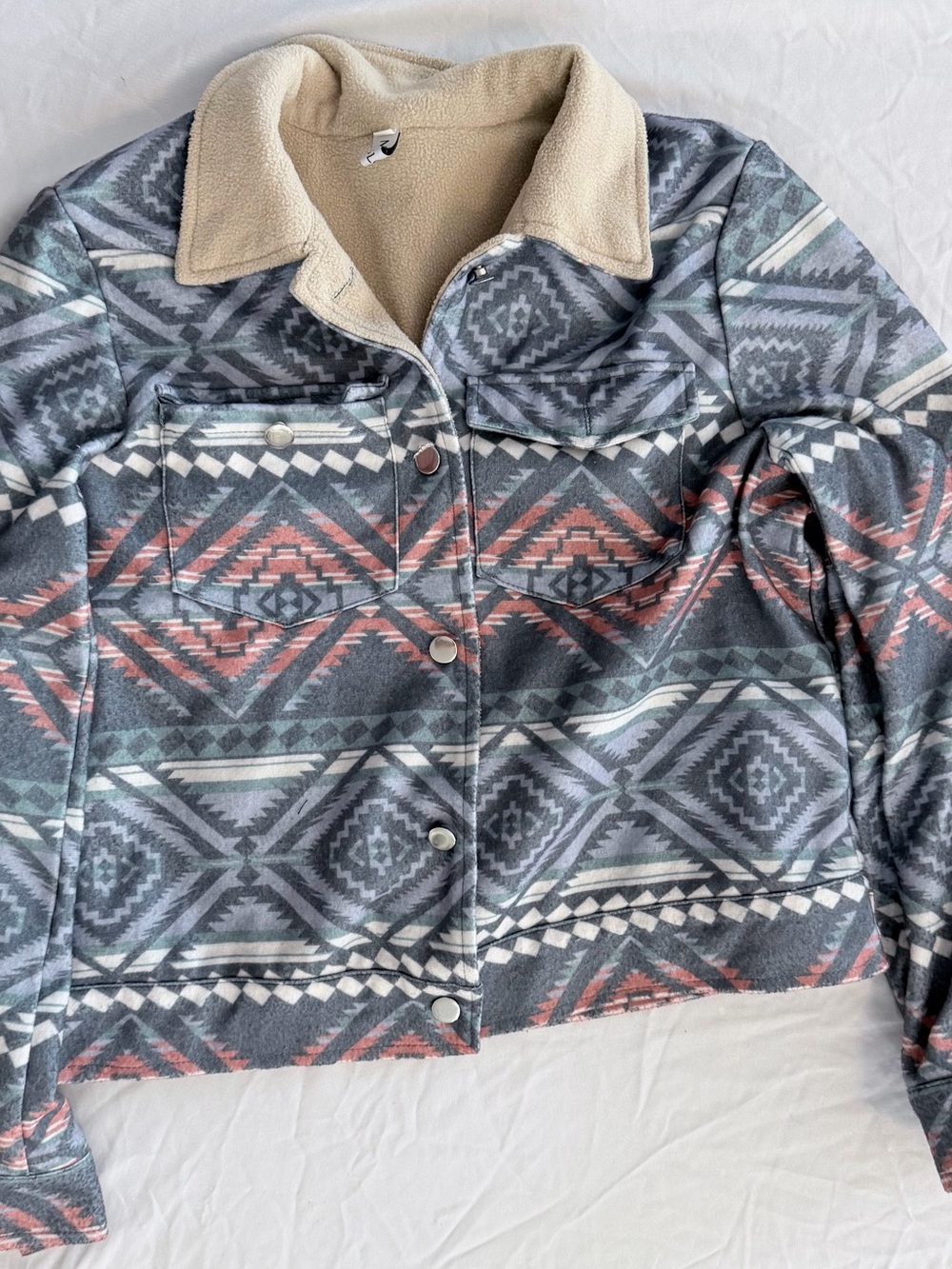 Mossimo Supply Co. Aztec-Print Sherpa Collar Jacket in Gray, Coral & Cream